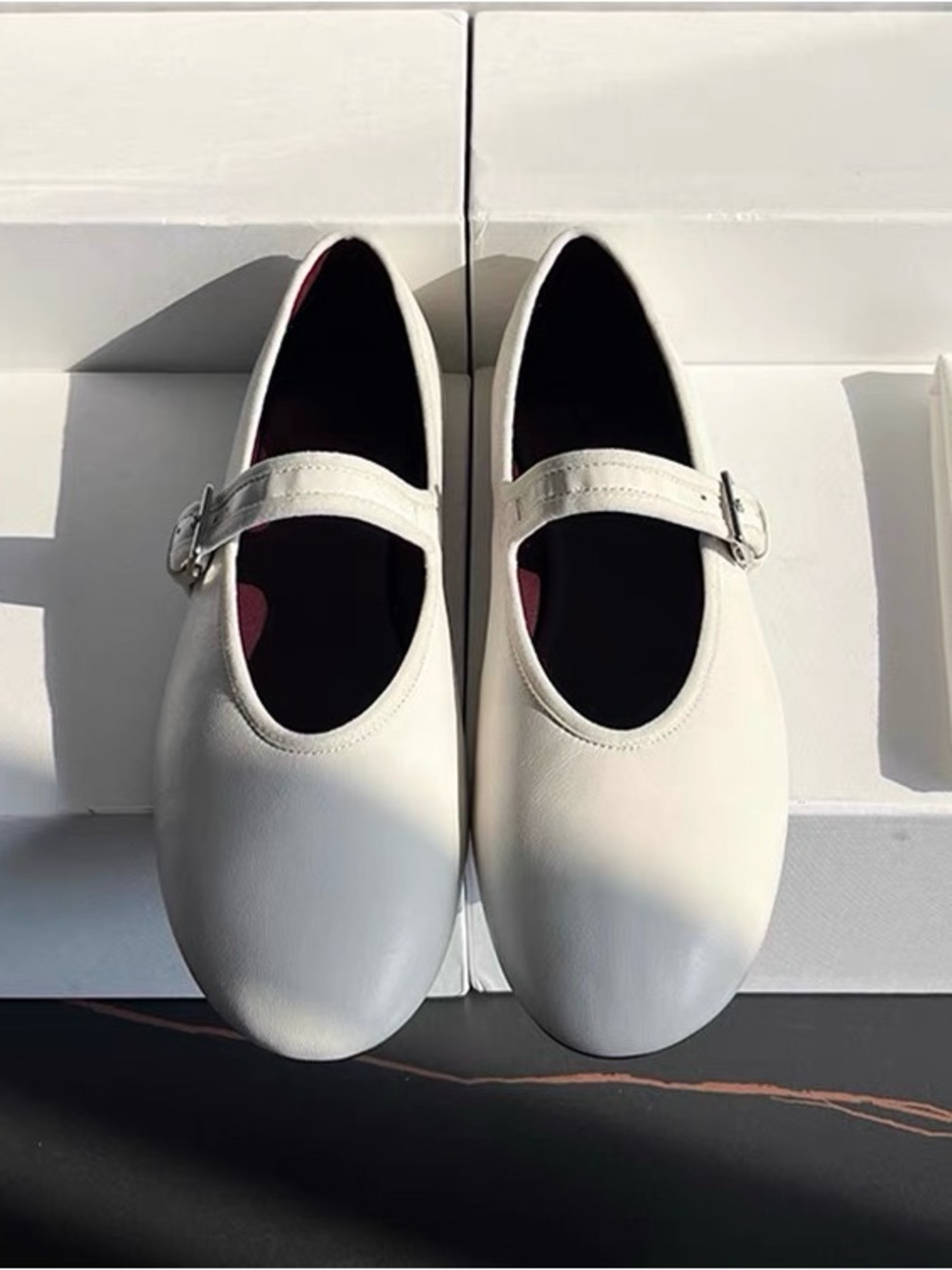 The Row White Mary Jane Leather Flats